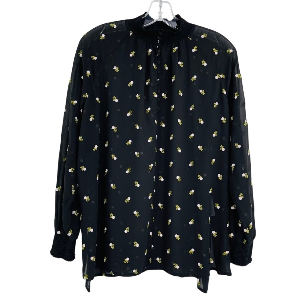 Cabi Alegria Floral Blouse Womens S Black Embroidered Sheer Midnight Preppy